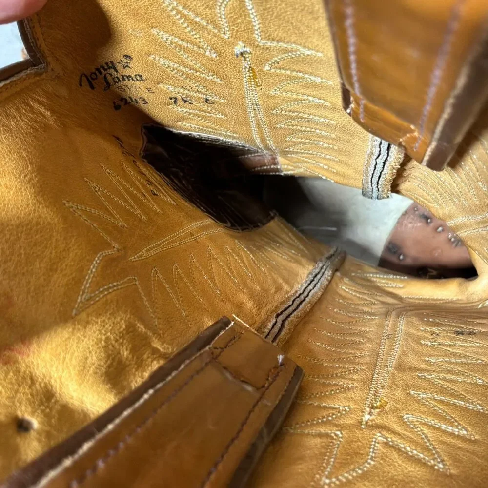 VTG. Tony Lama Boots 6243  Lizard Wingtip Leather Men  7.5E Lemonwood pegs Read*